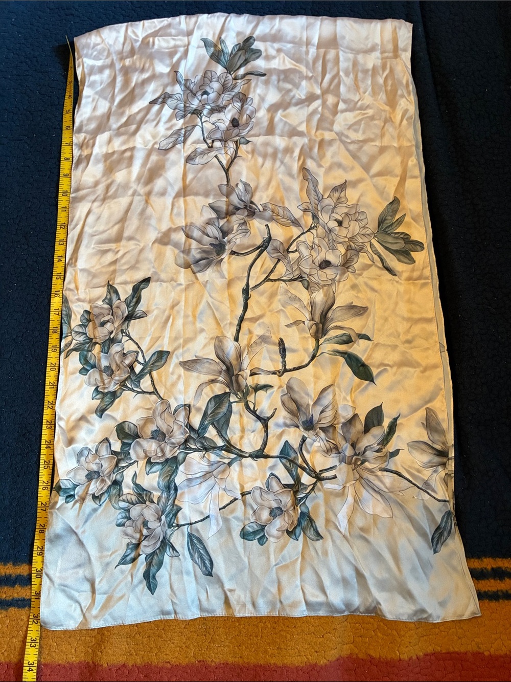 NWT Floral Silk Scarf with Gray and Cream Blooms 100% silk